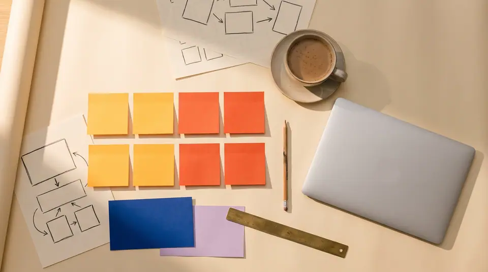 A work table with flow sketches, sticky notes in four columns, colour swatches and a closed laptop