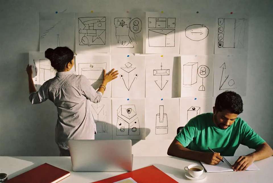 Two designers sketching layouts on a studio wall