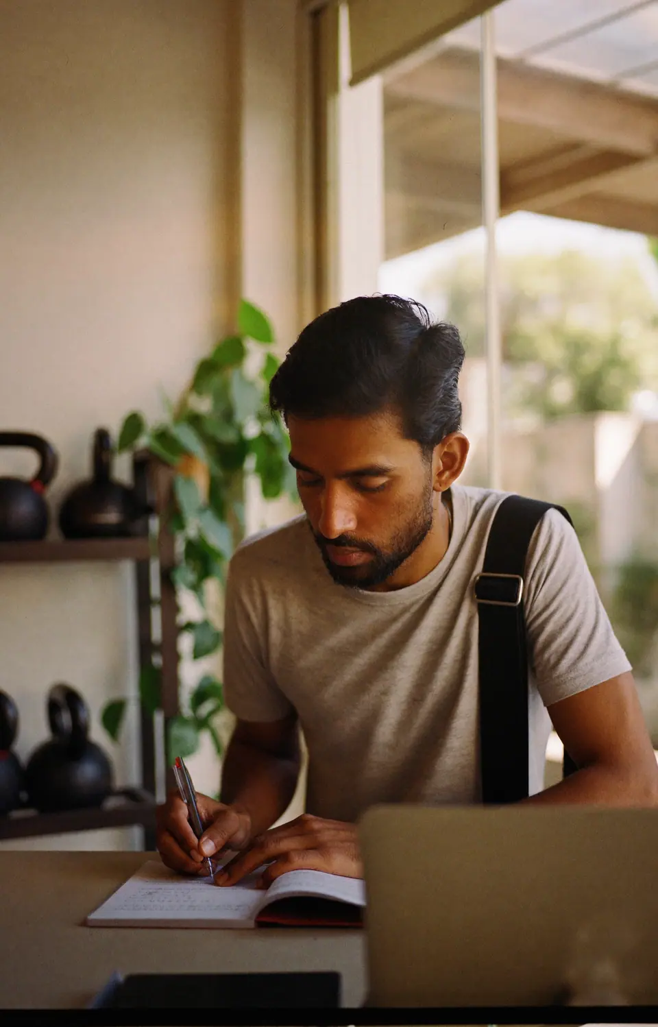A fitness studio owner writing in an appointment book