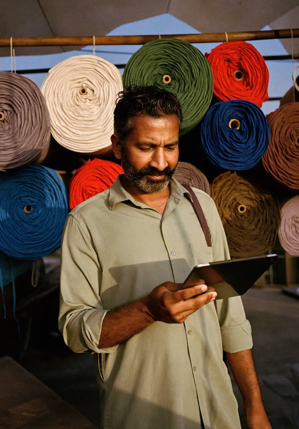 A textile workshop owner checking a tablet among fabric rolls