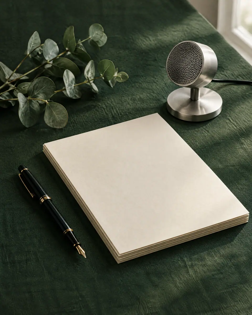 A fountain pen, blank record sheets and a desk microphone on green linen