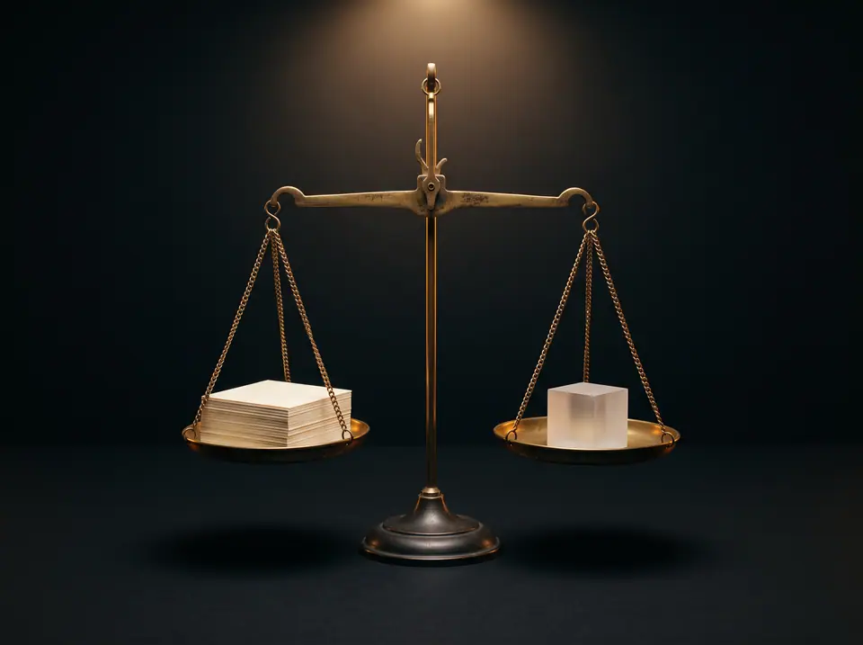 A brass balance scale weighing a stack of paper cards against a single acrylic cube